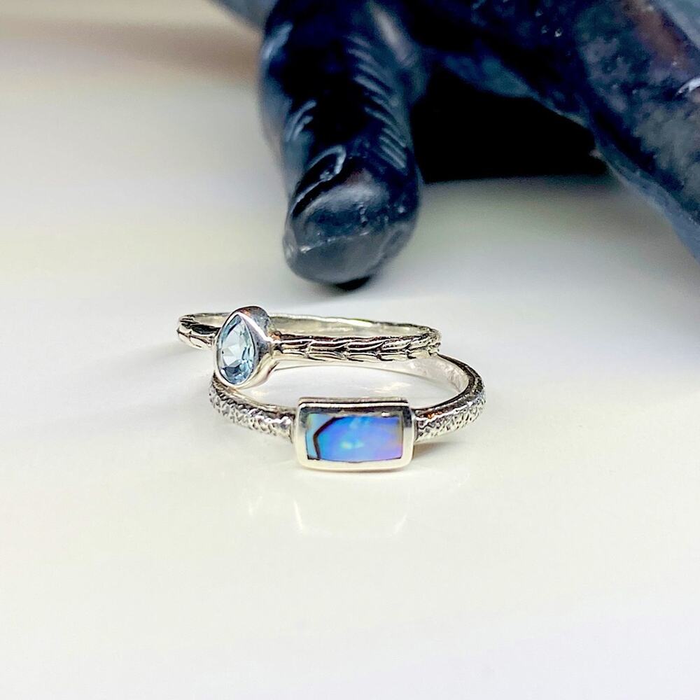 NEW 925 Aquamarine & Abalone Textured Ring Set